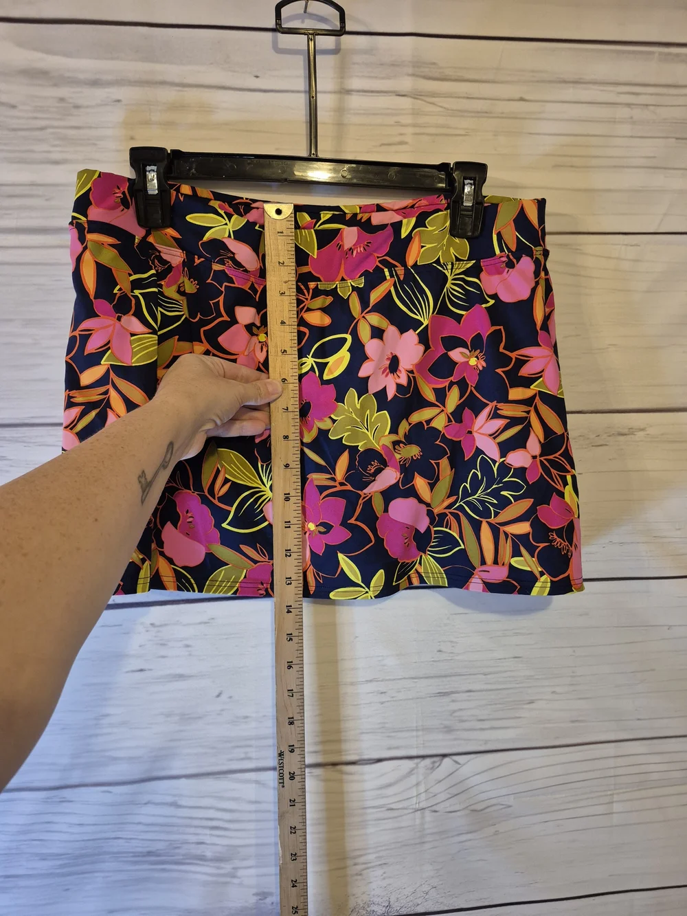 Lands' End Navy Swim Skirt with Pink & Yellow Tropical Floral Print 12 Petite